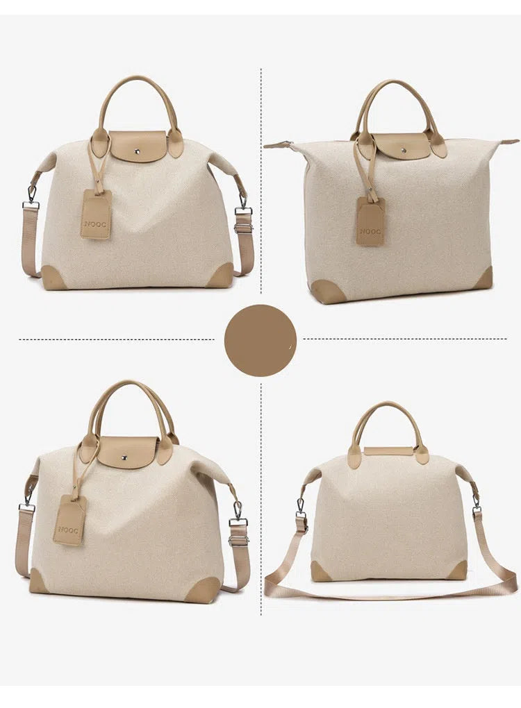 Large capacity canvas yoga and fitness bag in brown, khaki, or black with polyester lining and shoulder strap.