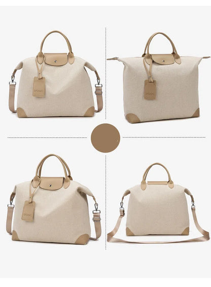 Large capacity canvas yoga and fitness bag in brown, khaki, or black with polyester lining and shoulder strap.