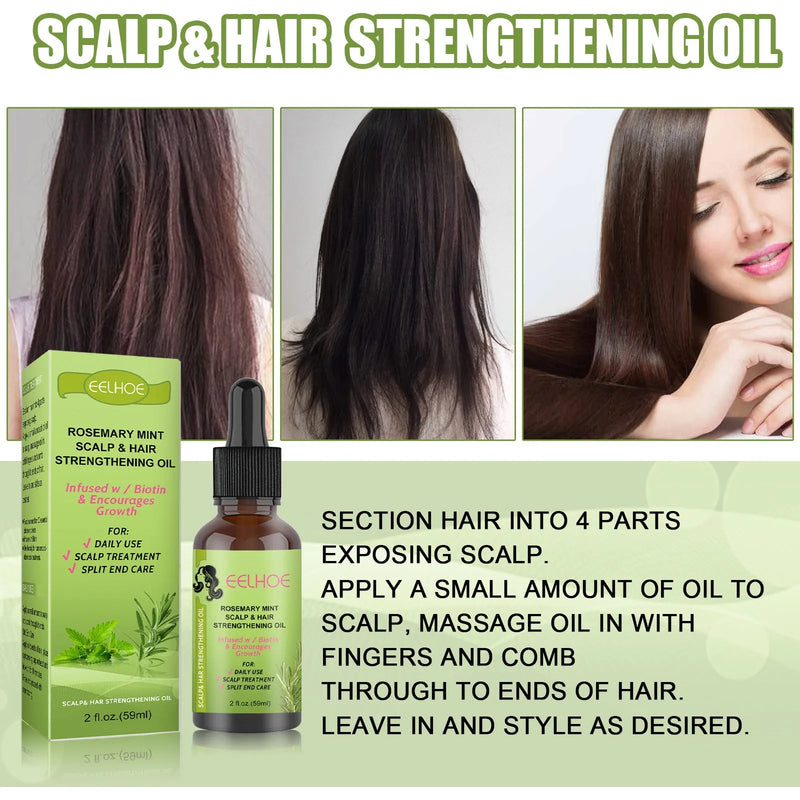 Rosemary mint hair growth fluid and scalp massage treatment with peppermint rosemary vitamin oil formula in a 59ml bottle measuring 11.5*3cm, designed to nourish roots, prevent hair loss, repair damage and promote hair growth with natural plant extracts