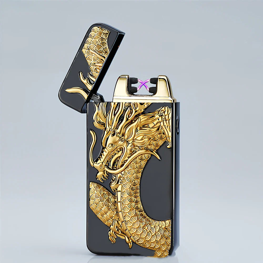 USB charging windproof metal lighter in Ice Golden Dragon design, 73.5x35x13mm compact size for reliable flame