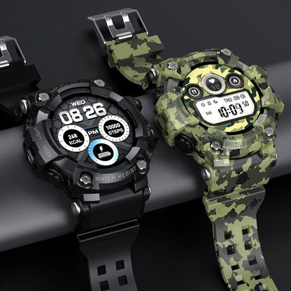 Black T6 tactical rugged smart watch with alloy case and 1.3-inch screen on wrist