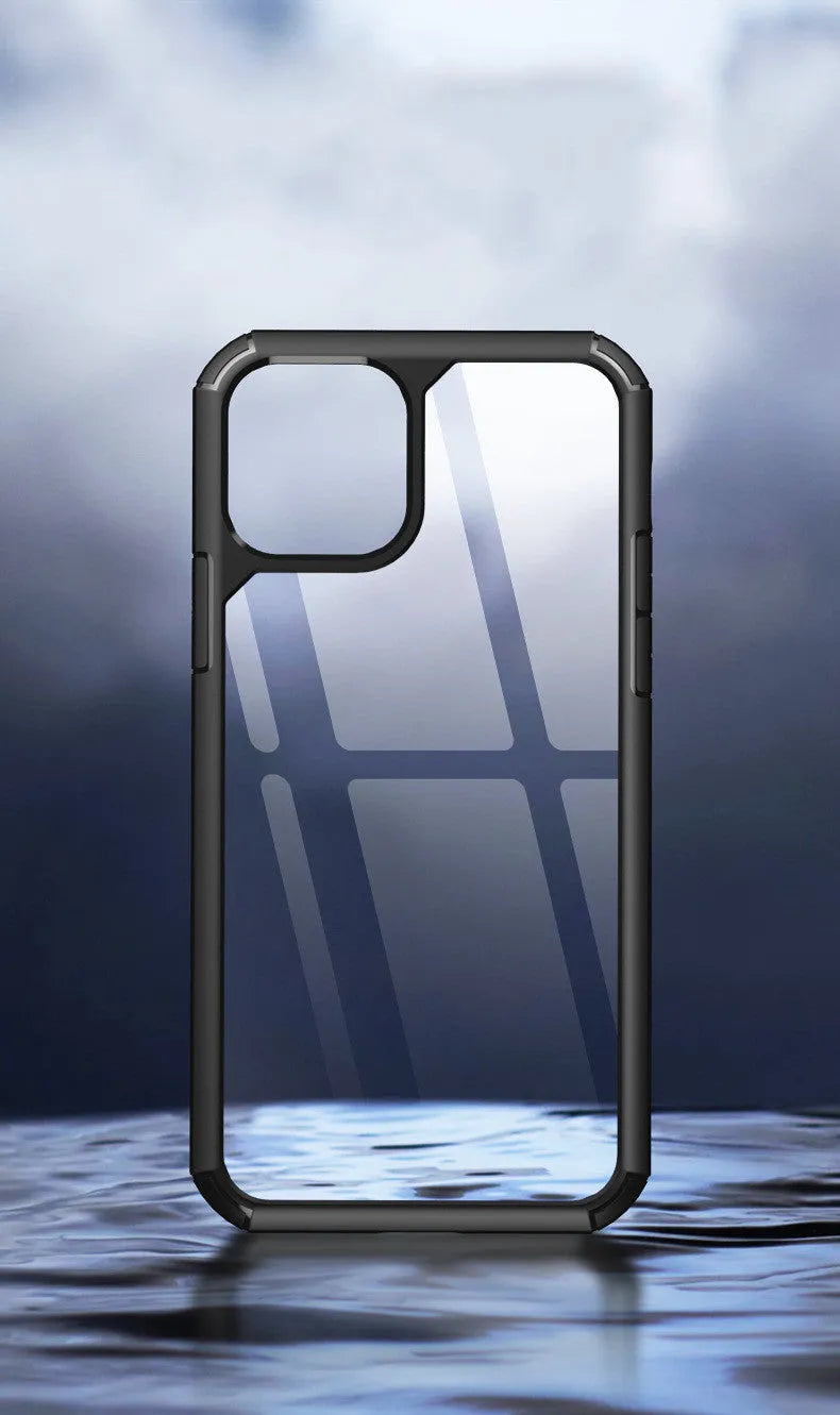 Transparent anti-fall phone case showing red, green and black colour options for iPhone and Samsung Galaxy models