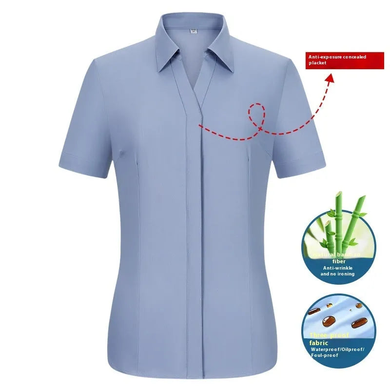 Men's waterproof oil resistant stain resistant slim fit shirt with square collar, made from bamboo fibre fabric offering UV resistance, high elasticity and colour fastness for business formal wear, available in long and short sleeve styles