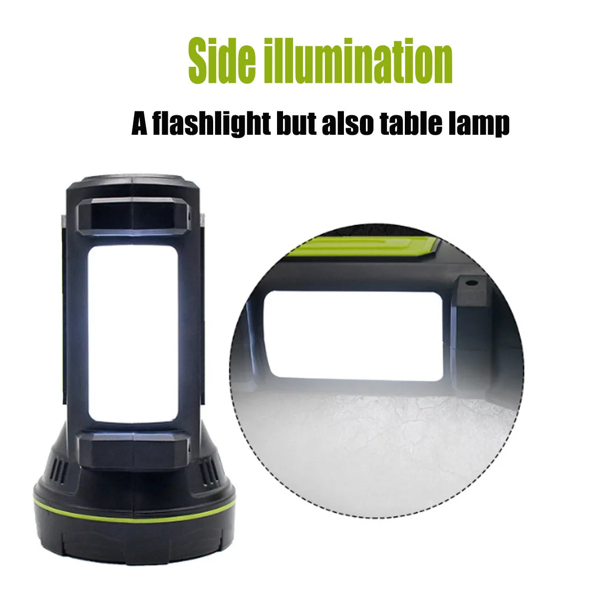 Green rechargeable super bright LED flashlight with USB port on a table