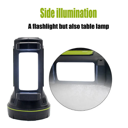 Green rechargeable super bright LED flashlight with USB port on a table