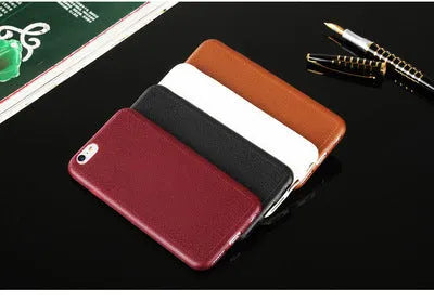 Leather-textured TPU phone case for iPhone in black, brown, navy blue, or wine red colour options.
