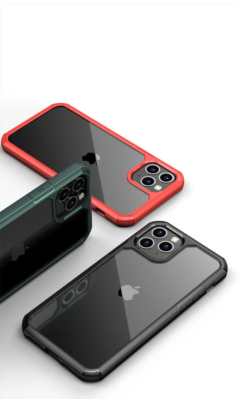 Transparent anti-fall phone case showing red, green and black colour options for iPhone and Samsung Galaxy models