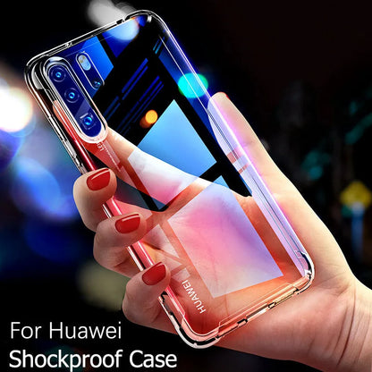 Transparent clear TPU phone case with airbag anti-fall protection on a Huawei P40 Pro smartphone.