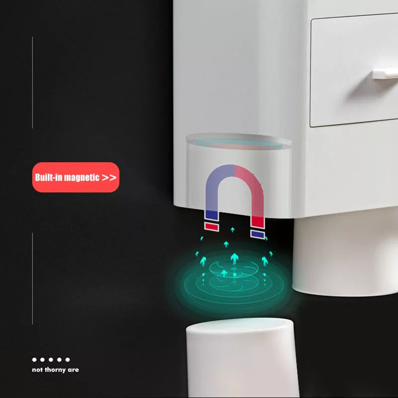 Non-marking hanging magnetic toothbrush holder with toothpaste squeezer and quick-drying cups