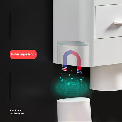 Non-marking hanging magnetic toothbrush holder with toothpaste squeezer and quick-drying cups