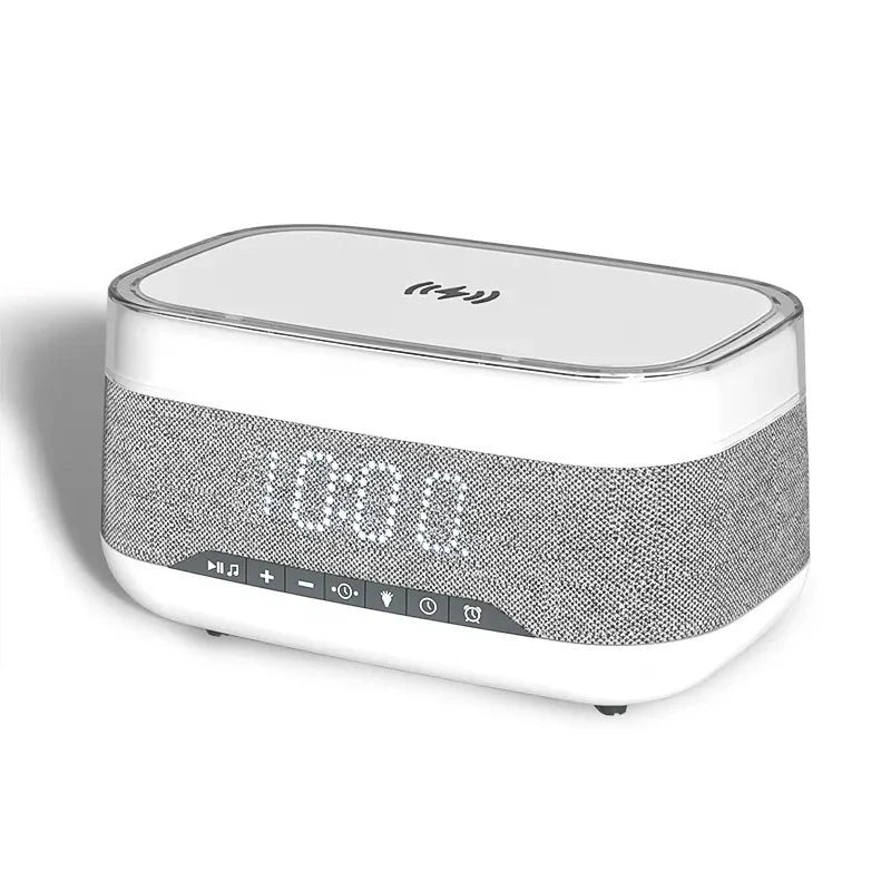 Multifunctional Bluetooth alarm clock with wireless charging, night light, and premium speaker