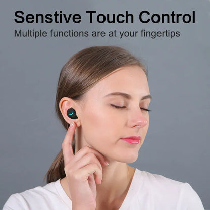Black TWS Bluetooth earpieces showing left and right stereo units
