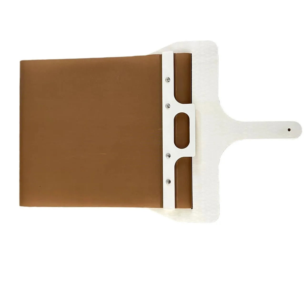 Wooden sliding pizza peel storage board in natural log colour with three size options.