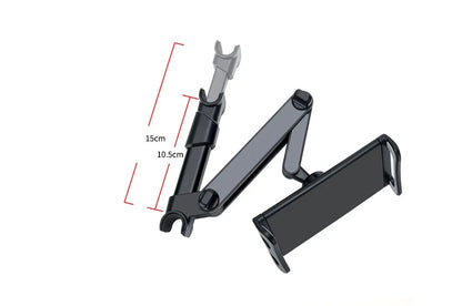 Black car phone holder mounted on vehicle rear seat with tablet secured in snap-in bracket