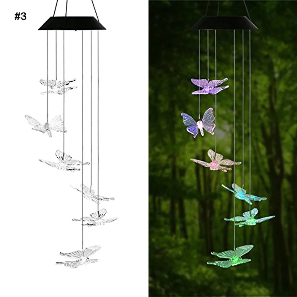 Solar wind chime with colour-changing LED, hummingbird and butterfly designs, waterproof outdoor hanging light for patio yard garden