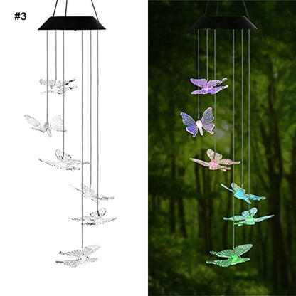 Solar wind chime with colour-changing LED, hummingbird and butterfly designs, waterproof outdoor hanging light for patio yard garden