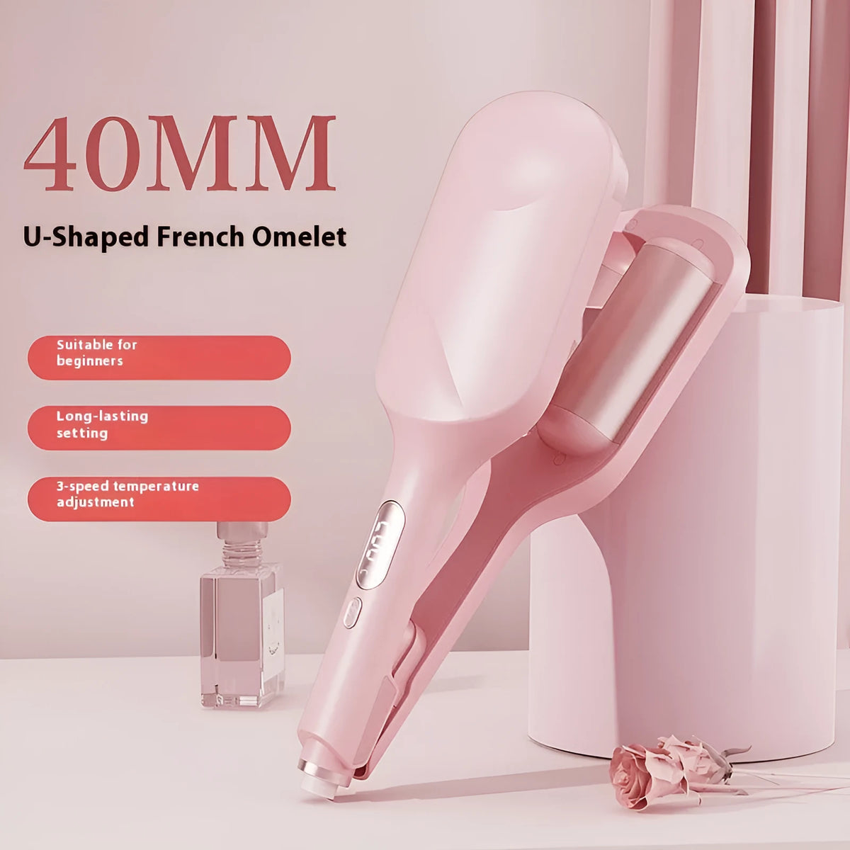 40mm egg roll hair curler with LCD display in light purple or pink colours