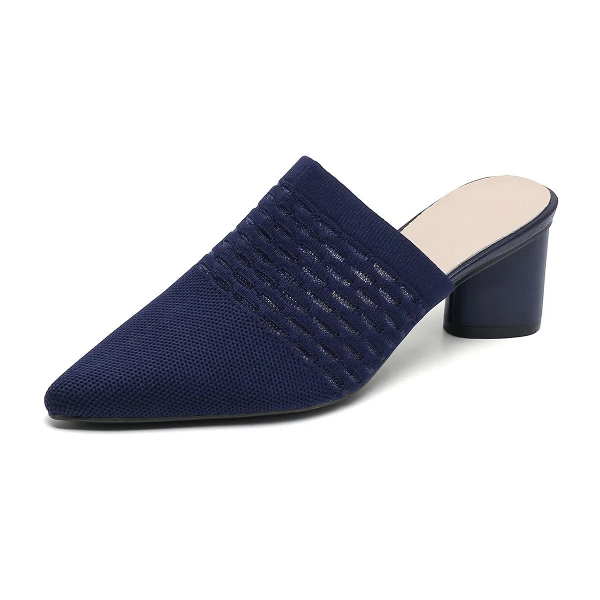 Women's black pointed toe sandals with a fabric upper and a 5cm chunky rubber heel