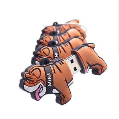 Silicone bulldog USB flash drive with custom logo printing, available in 2GB to 64GB capacities.