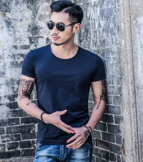 Men's bamboo fibre summer T-shirt shown in multiple colour options on a grey background.