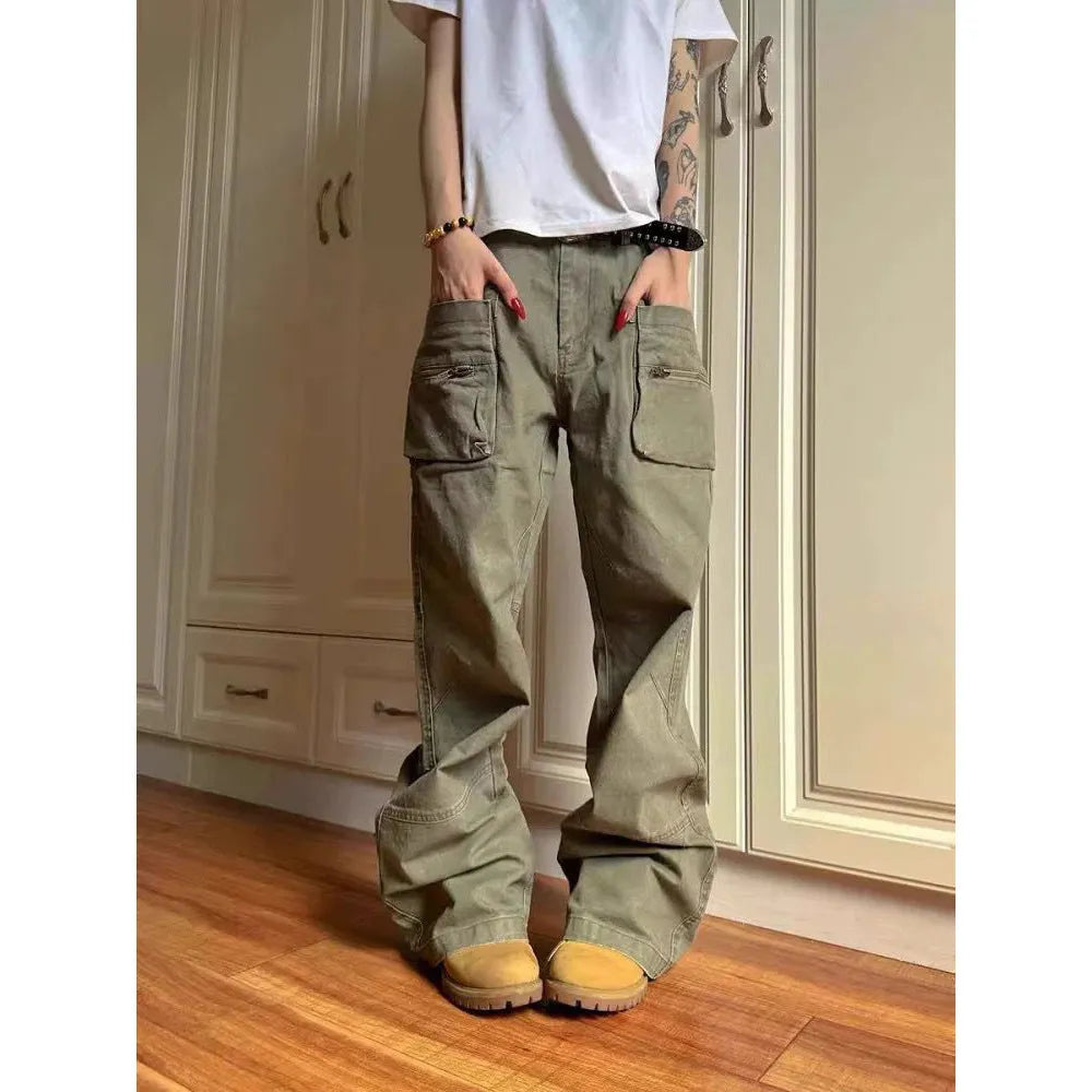 Green and black cotton work trousers with double zip and pockets