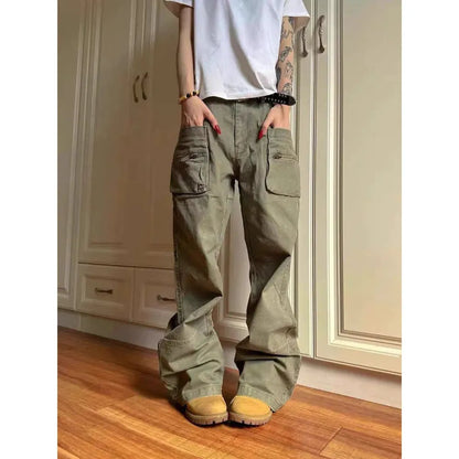 Green and black cotton work trousers with double zip and pockets