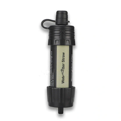 Compact portable water purifier straw with filter for outdoor adventures and emergencies.