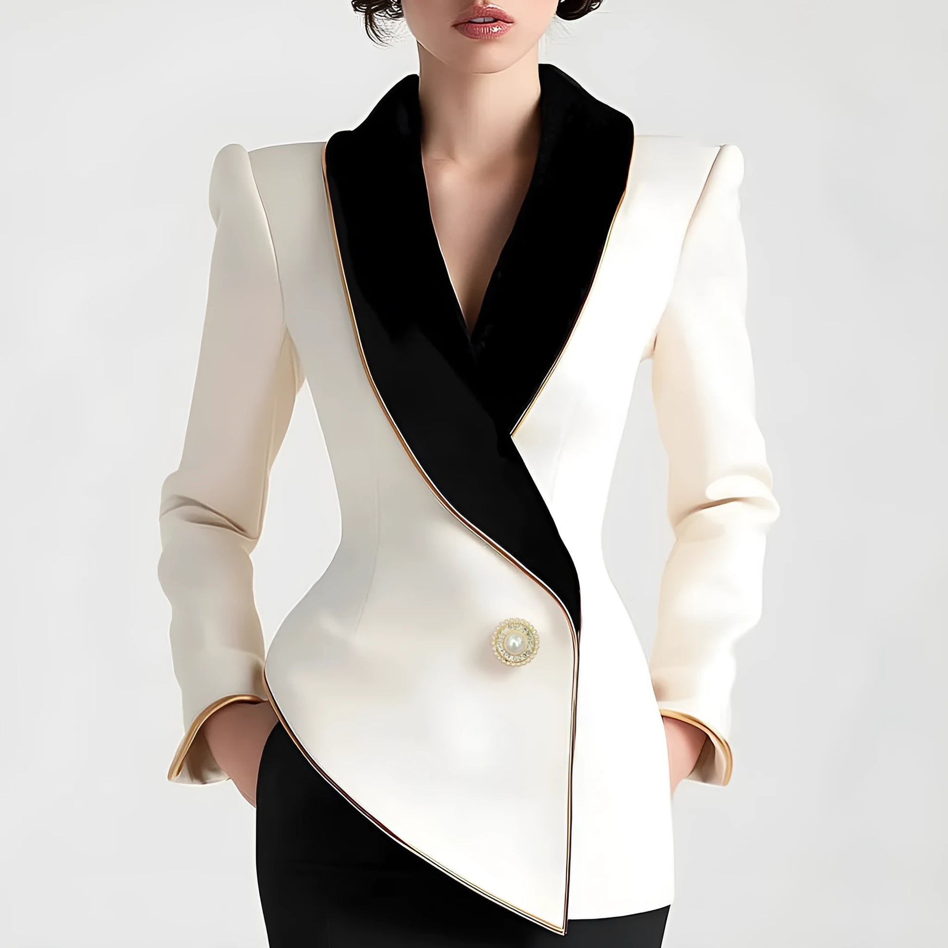 Milky white women's coat with golden edge pearl buttons, long sleeves, medium length