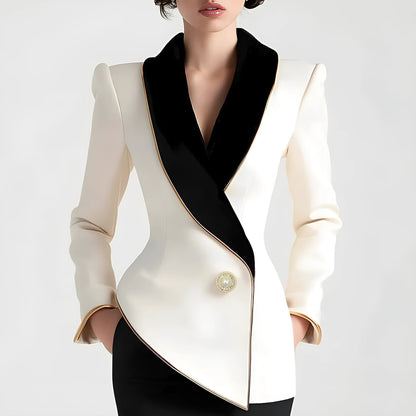 Milky white women's coat with golden edge pearl buttons, long sleeves, medium length