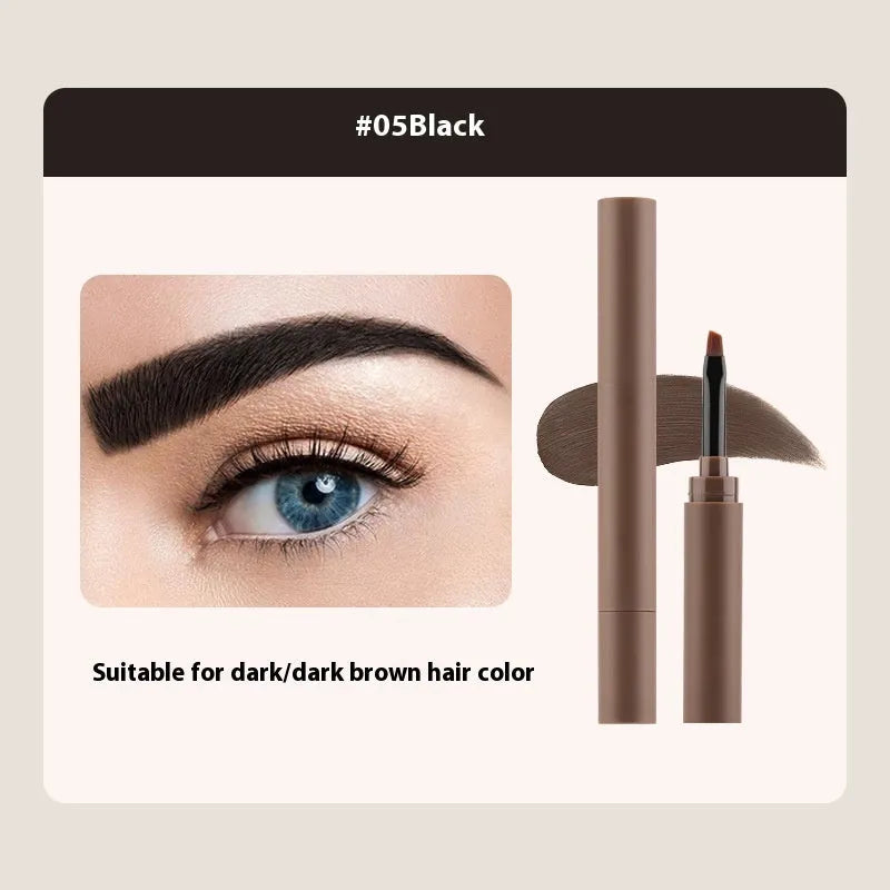 Double-headed eyebrow cream stick showing powder end and spoolie brush, with five colour shade options displayed.