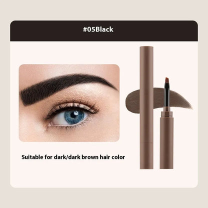 Double-headed eyebrow cream stick showing powder end and spoolie brush, with five colour shade options displayed.
