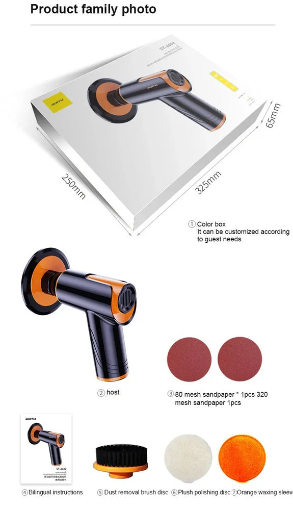 Black cordless car polishing machine with 12cm throwing disc and Type-C charging cable