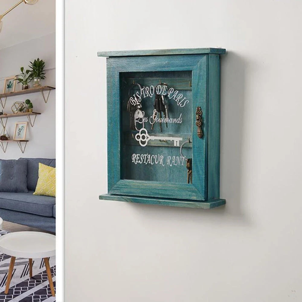 Vintage-style wooden key cabinet with 6 hanging hooks, available in blue and bronze colours