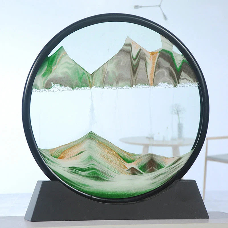 Captivating glass sand art with dynamic quicksand displays featuring vibrant colors and mesmerizing 3D effects