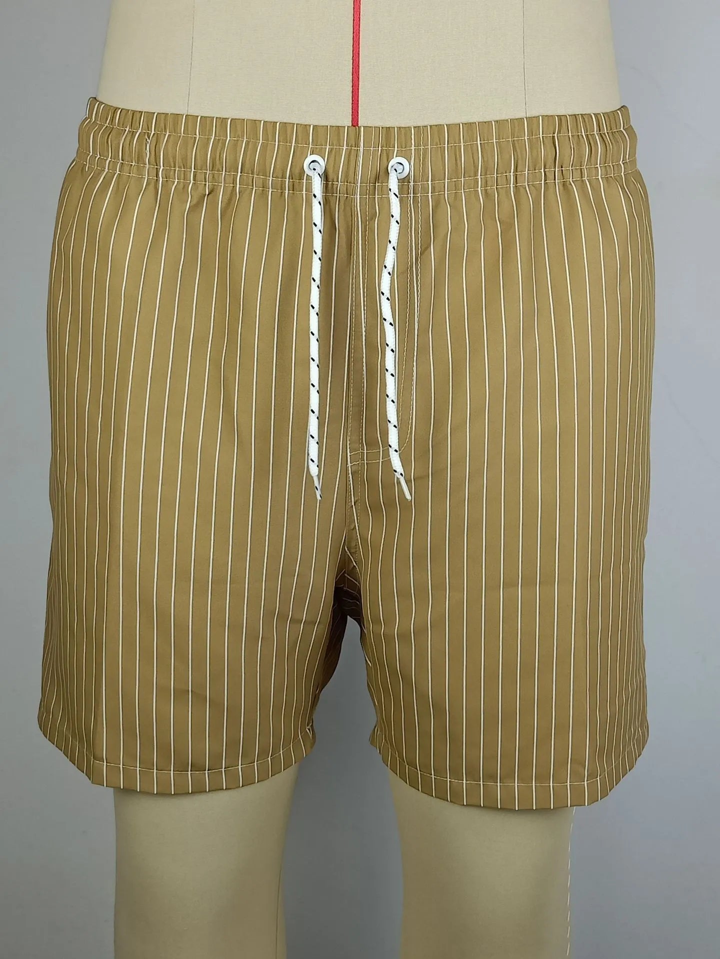 Men's navy blue striped casual shorts with a straight leg opening and triangle lining laid flat.