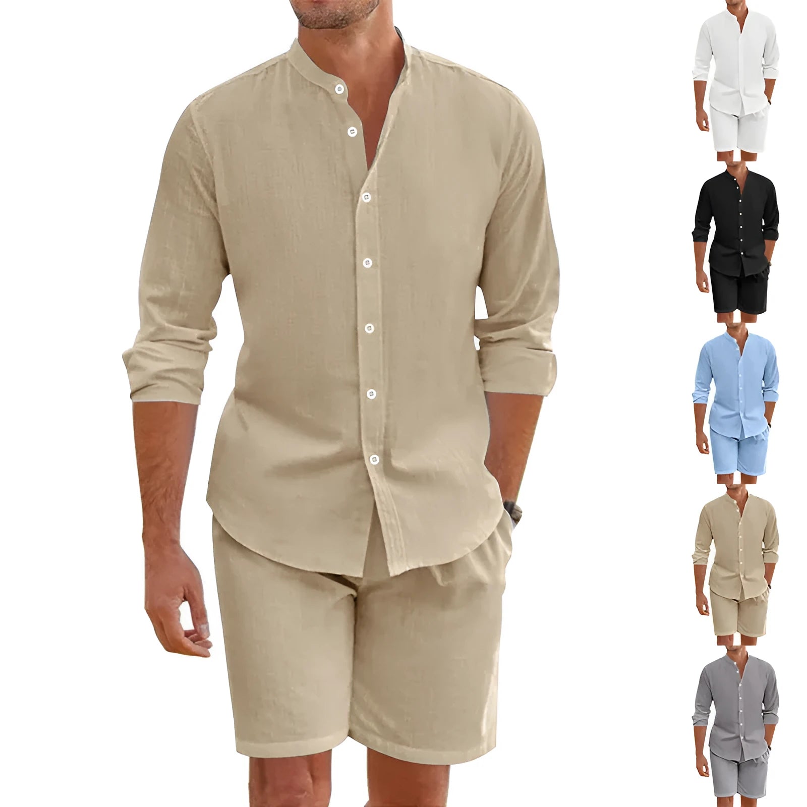 Man wearing a light blue short sleeve lapel shirt and matching drawstring shorts from a summer shirt suit.