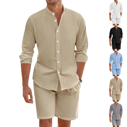 Man wearing a light blue short sleeve lapel shirt and matching drawstring shorts from a summer shirt suit.