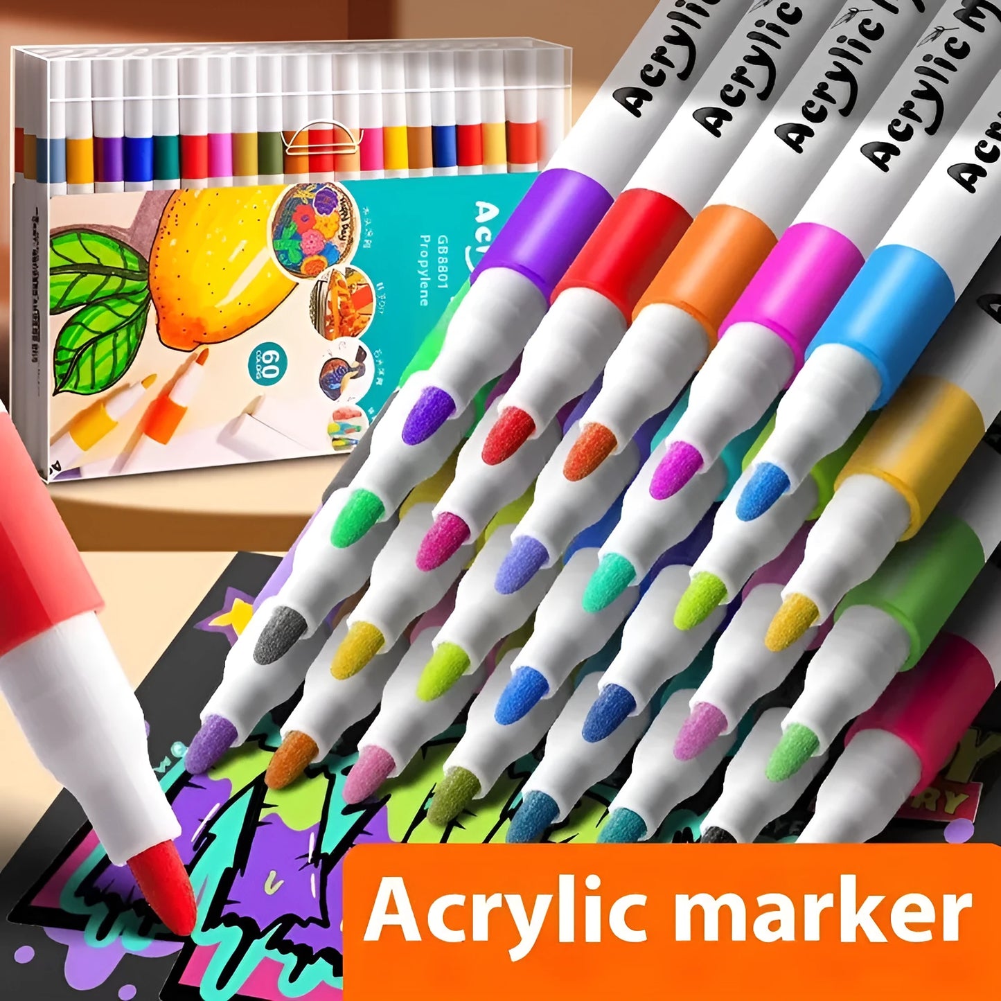 Boxed set of multicolour acrylic marker pens for student painting and artwork projects