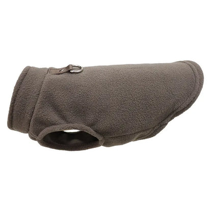 Thickened polar fleece dog waistcoat in solid colours red, black, blue, available in sizes S M L XL.