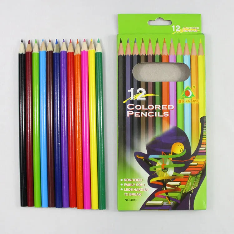 Children's wooden coloured pencils set of 12 with 0.8cm diameter and 2B lead hardness