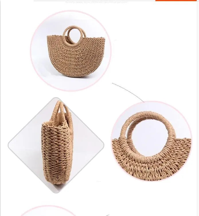 Woven paper rope and straw crescent handbag in natural light brown with hard handle and drawstring closure
