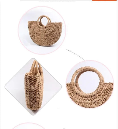 Woven paper rope and straw crescent handbag in natural light brown with hard handle and drawstring closure