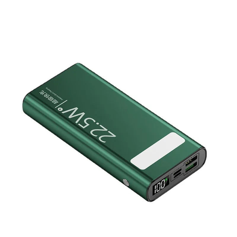 Alloy shell power bank in black, blue, green, or red colours showing LCD display and LED flashlight