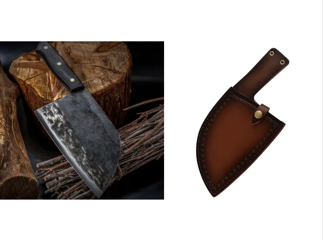 Hand-made stainless steel meat cleaver with a 17cm round head blade on a kitchen surface.