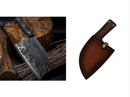 Hand-made stainless steel meat cleaver with a 17cm round head blade on a kitchen surface.