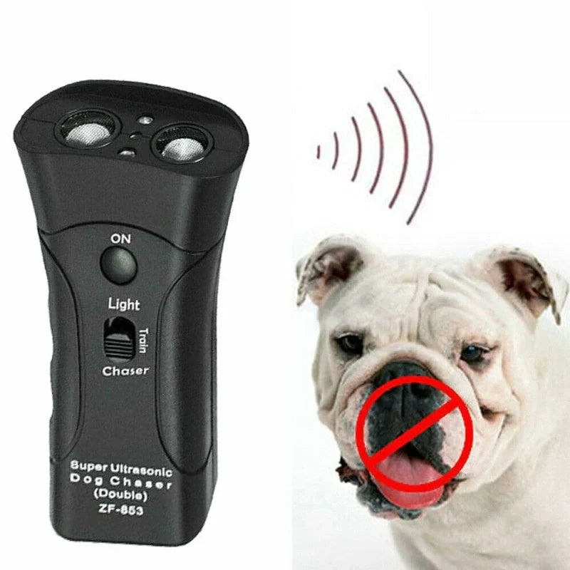 3-in-1 Anti Barking Dog Training Device with ultrasonic repeller and LED flashlight features
