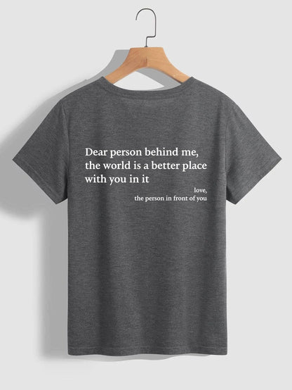 Stylish women's graphic t-shirt with trendy slogan, featuring a vibrant print design and comfortable short sleeve silhouette.
