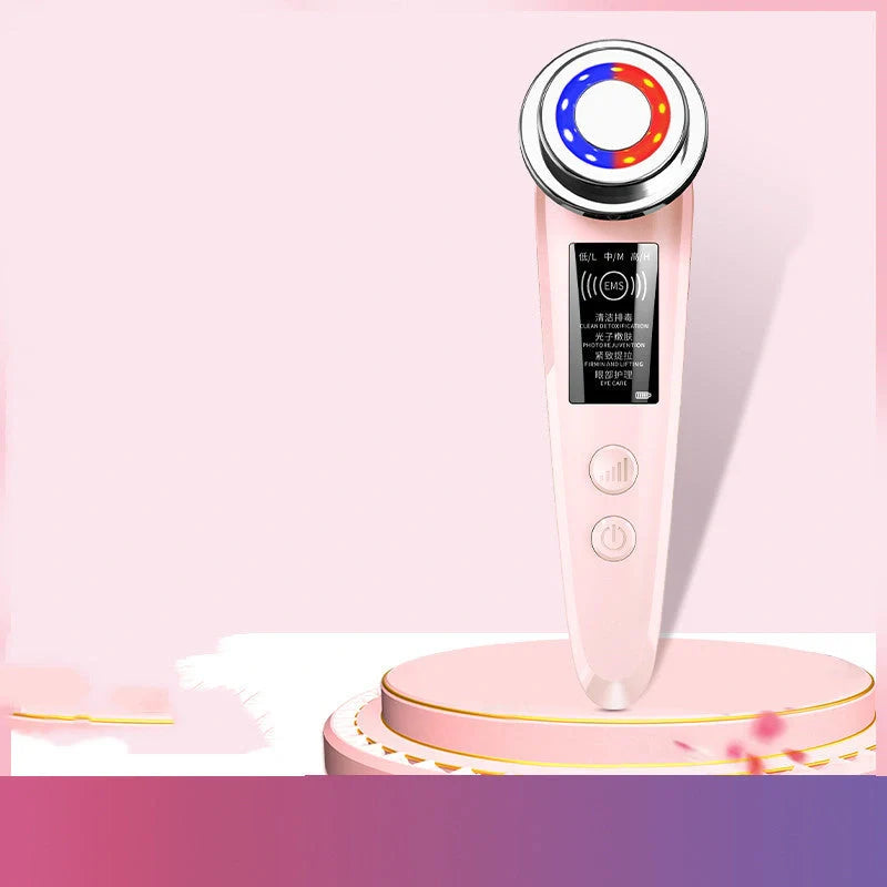 Pink and white facial massager with light therapy and pore cleansing features