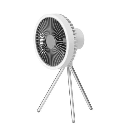 White camping fan mounted on aluminum tripod with Type-C charging cable