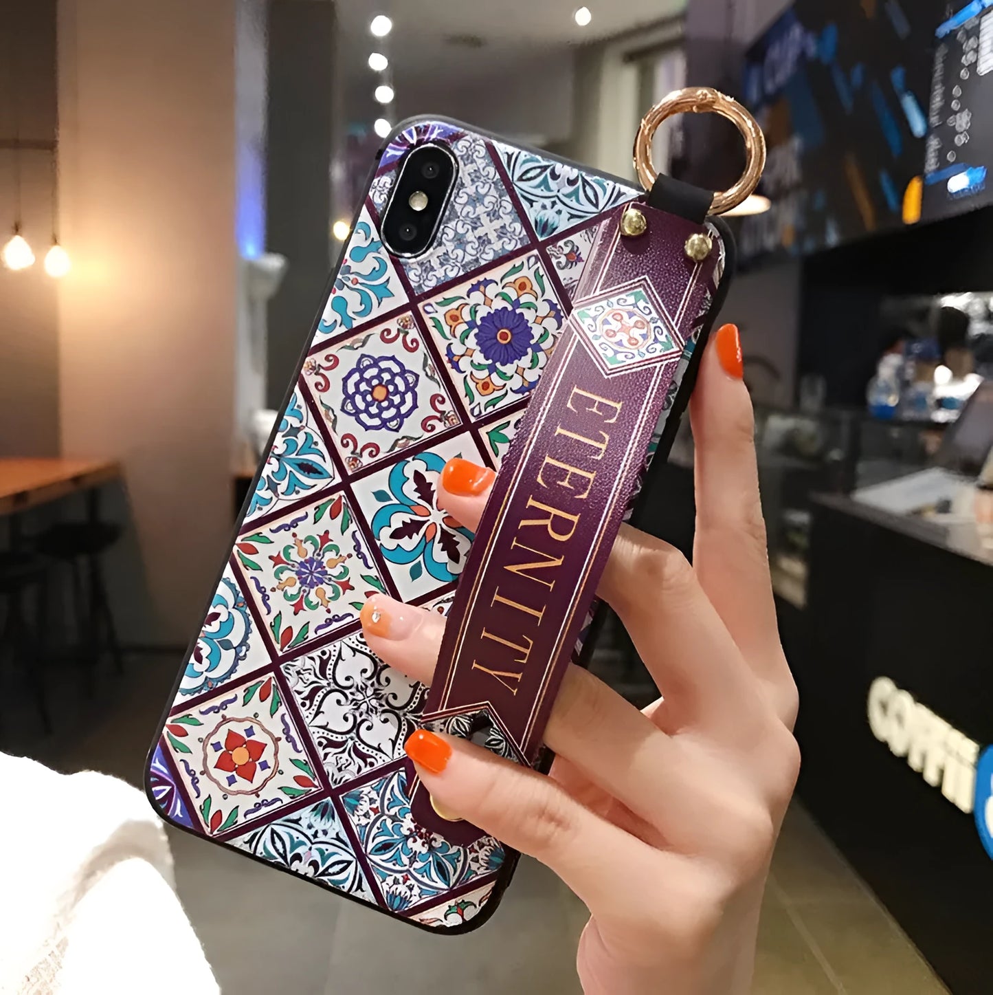 Samsung Galaxy phone case with folded-out bracket stand showing hands-free viewing angle